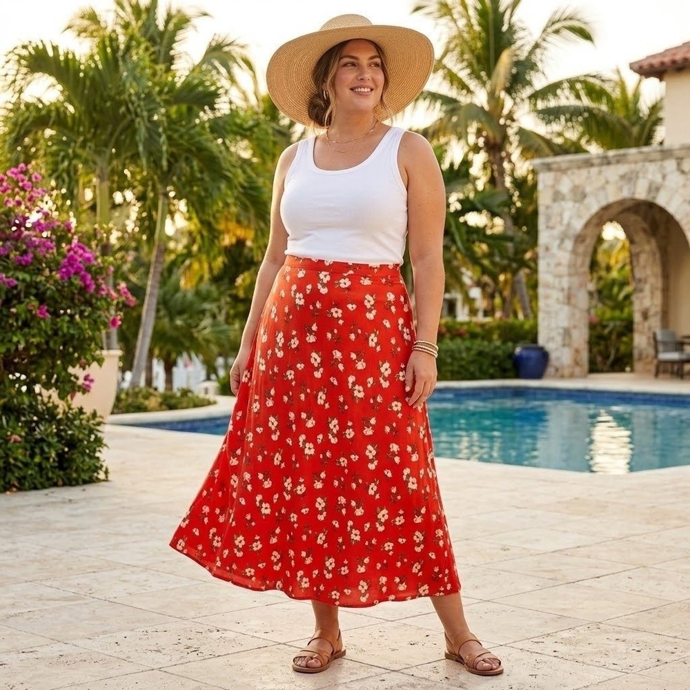 NEW Old Navy Fluted Femme Maxi Skirt Womens XXL Red Floral Boho Summer Tropical